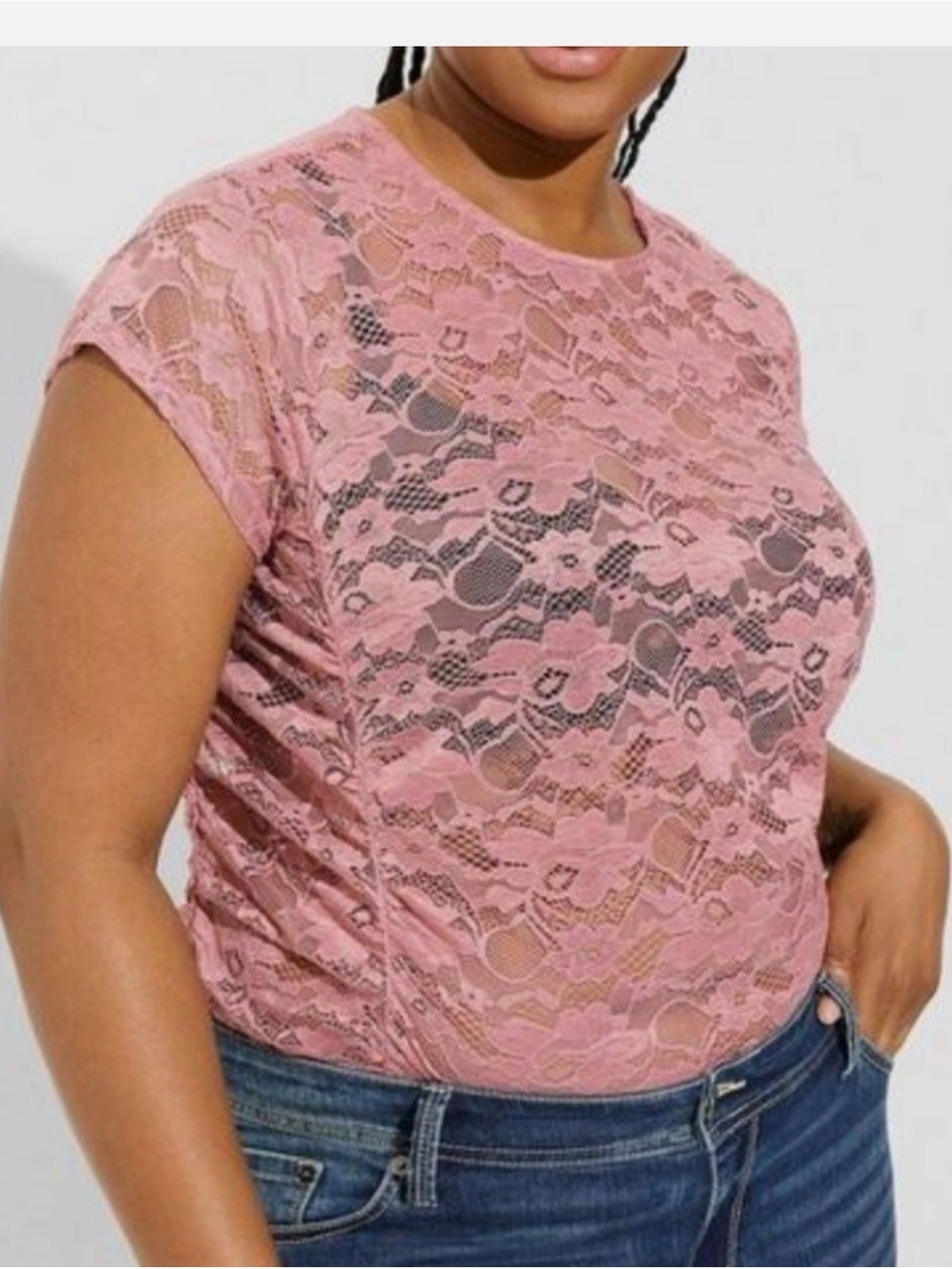 Torrid Dusty Rose Lace Cinch‑Side Tee Plus 5X EUC Stretch Floral Crew Neck
